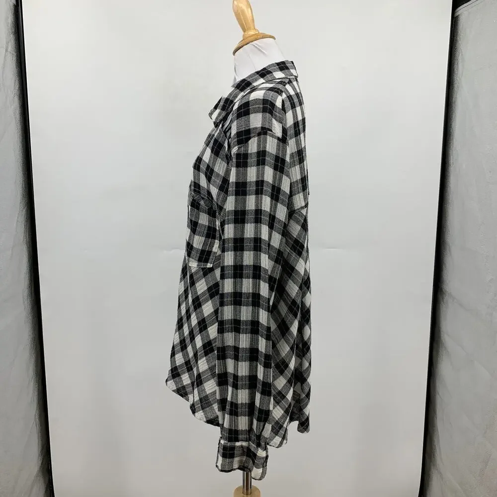 Free People Shirt Womens M Medium Black White Plaid Lace Up Shoulder Snap Button